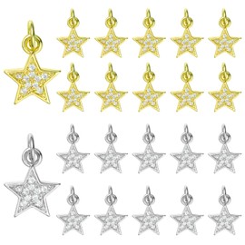 COGCHARGER 20 Pcs 2 Styles Gold Silver Star Charms for Jewelry Making Bulk Brass Cubic Zirconia Rhinestone Charms Pendants for Earrings Necklaces Bracelets DIY Supplies