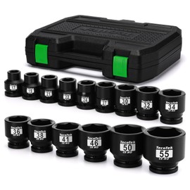 TecoTek 3/4" Drive Shallow 6-Point Impact Socket Set, 15-Piece Heavy Duty Impact Socket Set, CR-MO, Metric (17mm to 55mm), Enhanced Storage Case