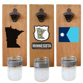 Minnesota Bottle Opener With State Map or State Flag Graphic - Wall Mounted Wood Board With Removable Cap Catcher and Cast Iron Opener - MN Gift and Home Decor