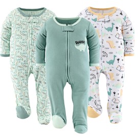 The Peanutshell Baby Sleepers for Boys Set of 3-6-9 Months Baby Clothes, Soft Cotton Baby Boy Footed Pajamas, Newborns & Infants Baby Clothes Gift Set - Green Dino