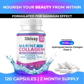 Marine Collagen Complex with Vitamin C, Hyaluronic Acid, Biotin | 1000mg Hydrolysed Type I Collagen Supplement | 240 Capsules - 4 Month Supply | Made in UK by Shivay Herbals