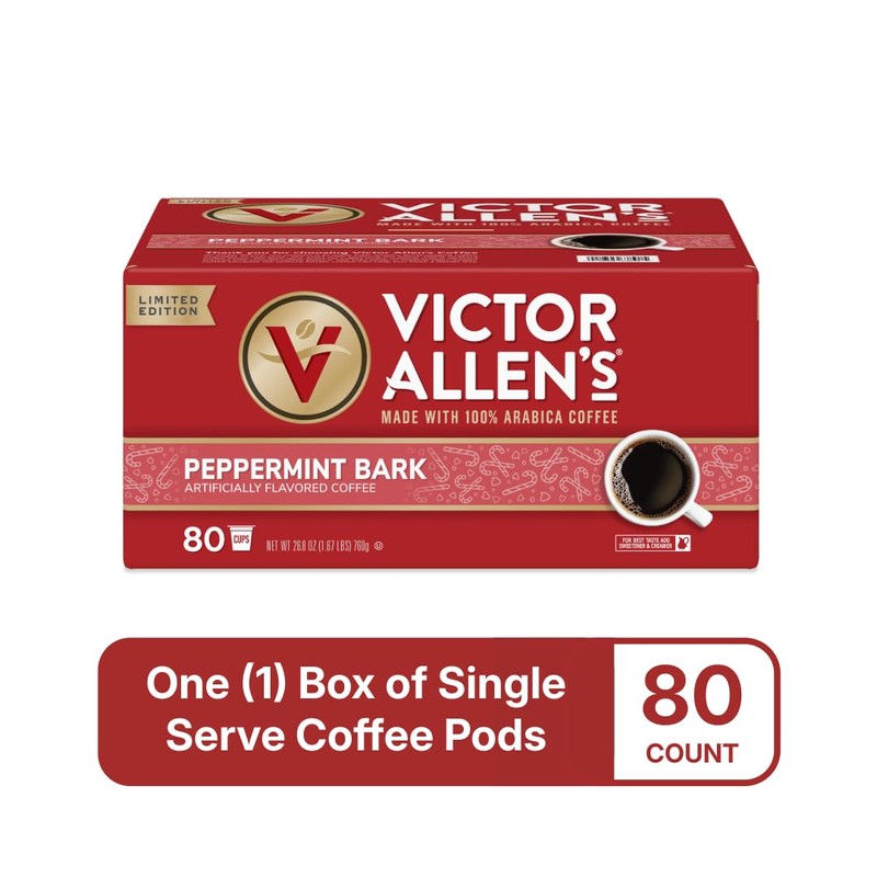 Victor Allen's Coffee Peppermint Bark Flavored, Medium Roast, 80 Count,
