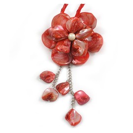 Avalaya Large Shell Flower Pendant with Faux Leather Cord in Red/44cm L/3cm Ext/15cm Pendant/Slight Variation In Colour/Size/Shape/Natural Irregularities