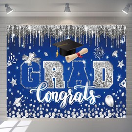 Graduation Backdrop 10x8ft Navy Blue and Silver Congrats Grad Banner Class of 2025 Decorations Congratulations Graduate Photo Background Large Celebration Prom Party Decor Photoshoot Supplies