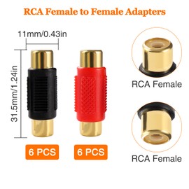 KUOQIY 12 Pieces RCA Female to RCA Female Coupler, RCA Phono Coupler Adapter for Speaker, Phono, Amplifier, Gold Plated - Black, Red