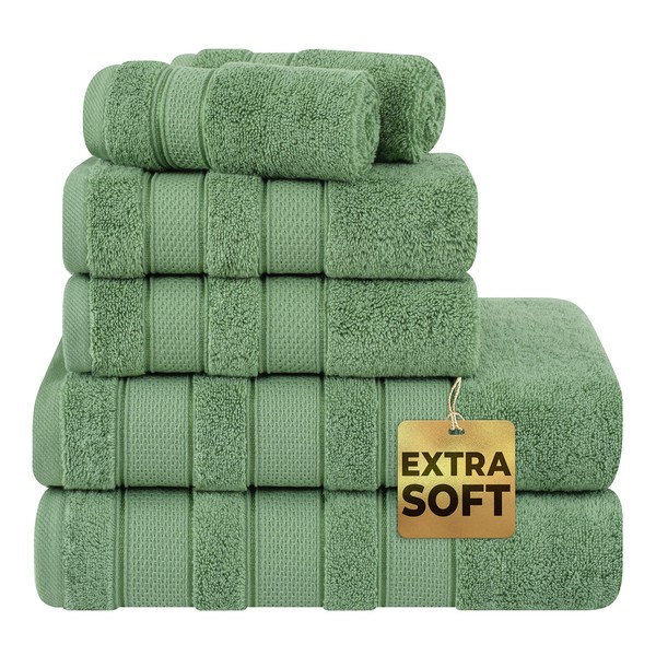 American Soft Linen Salem Bath Towel Set, 6 Piece Towels for Bathroom, 100% Turkish Combed Zero Twist Cotton, 2 Bath Towels 2 Hand Towels 2 Washcloths, Sage Green