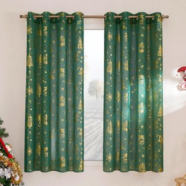 PONY DANCE Dark Green Curtains for Living Room, Christmas, Transparent Curtains with Golden Pattern, with Eyelets, Set of 2, H 160 x W 140 cm, Voile Curtains, Linen Look, Translucent