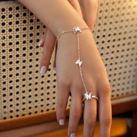 Emibele Hand Chain Bracelet 18K Silver Ring Bracelet, Non Tarnish Plated Stainless Steel Butterfly Ring and Chain Bracelet, Dainty Hand Chain Trendy Bracelets for Women, Silver