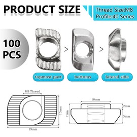 Pack of 100 T-Slot Nuts M8 Slot 8, Carbon Steel T-Slot Rail Hammer Head Screws, Slot Nut for 40 Series Aluminium Profile, for Aluminium Profile Extrusion Slot