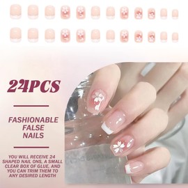 24PCS White Flower French Press on Nails – Short Square & Coffin Full Cover Acrylic Fake Nails with Glue, Elegant Stick on Nails for Women and Girls DIY Nail Art