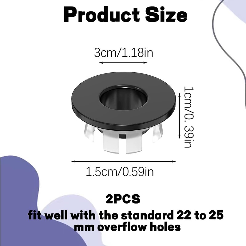 2PCS Black Overflow Ring,Sink Overflow Cover,Bath Overflow Cover Replacement Round