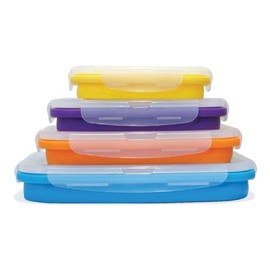 Flat Stacks Collapsible Storage Containers | Set of 4 Rectangle Silicone Food Storage Containers | BPA Free | BPS Free | Dishwasher, Freezer, and Microwave Safe | Save Space in your Container Drawer!