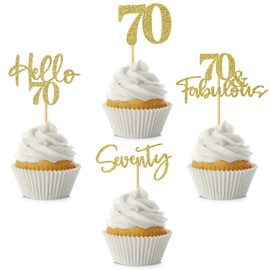 48 piezas de decoraciones para cupcakes de 70 cumpleaños, con purpurina, Hello 70 cupcakes, 70 fabulosas selecciones de setenta magdalenas para feliz cumpleaños 70, boda, aniversario, fiesta, decoración de pasteles, color dorado