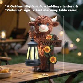 FQIIL Solar Highland Cow Garden Decor - Outdoor Waterproof Resin Statues with LED Lights, Solar Patio Figurines for Yard & Lawn (1-Pack, Auto On/Off)