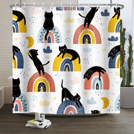SDOTPMT 105 x 160 cm Cute Cartoon Animal Shower Curtain Black Cat Colourful Rainbow Bath Curtain Funny Pets Theme Bath Curtain for Children Bathroom Decor with Hooks