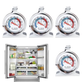4 Packs Fridge Thermometer, Freezer Thermometers with Large Dial, Freezer Temperature Gauge, Refrigerator Thermometer Includes Hanging Hook and Retractable Stand, Easy-to-Read Display