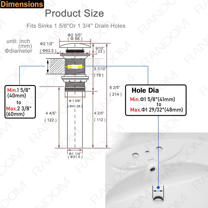 RANDOM Brushed Gold Sink Drain with Overflow Bathroom Pop Up
