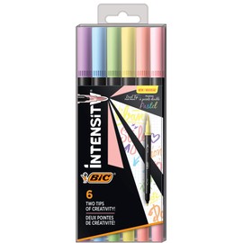BIC Intensity 2 in 1 Dual Tip Fineliner Pens, Fine Tip (0.7mm) and Flexible Brush (3.7mm), Assorted Pastel Colors, 6-Count Pack