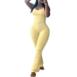 Weafmlia Two Piece Workout Sets for Women Tank Top and Color Block Flare Long Pant Gym Yoga Jogging Outfits Yellow S