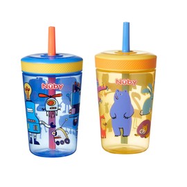 Nuby Sip It Swirler Cup - Toddler Beaker with 360° Straw | Spill-Proof | 420ml / 14oz | Suitable from 18 Months | Pack of 2 (Blue & Yellow)