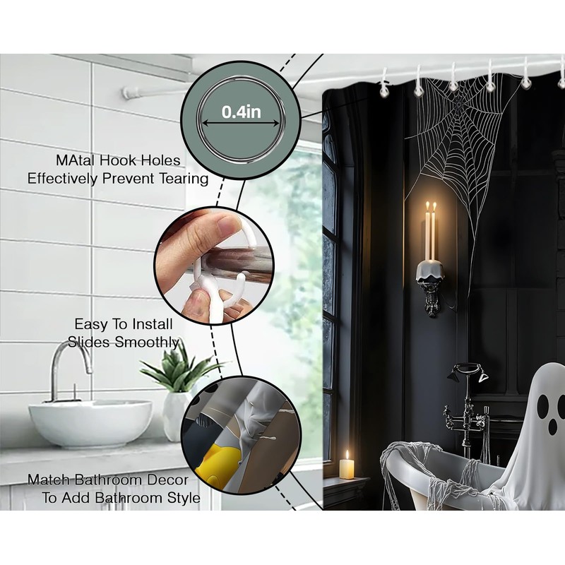 Halloween Shower Curtain,Whimsical Ghost in Bathtub with Black Cat Pumpkin