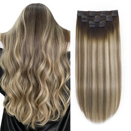 XDhair Clip in Hair Extensions Human Hair 14Inch100g 6Pcs Balayage Dark Brown to Ash Brown Mixed Light Blonde Real Clip in Remy Human Hair Extension #3/8/22 14inch