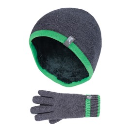 HEAT HOLDERS - Children's Boys Winter Warm Fleece Lined Insulated Knitted Cuff Ribbed Hat and Gloves Set, CG1P8