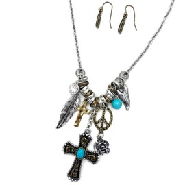 Western Peak Western Cross Rose Turquoise Rhinestone Gold Silver Charms Necklace with Earrings Set (Peace)