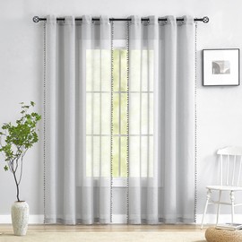 Treatmentex Boho Curtains with Pompoms, Eyelets, 140 cm Wide, Transparent Curtains with Tassels, Voile Eyelet Curtain, Decorative Curtain for Living Room, Bedroom, 2 Pieces (140 x 225 cm, Grey)