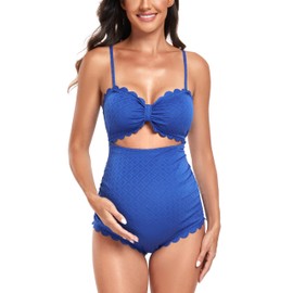 EastElegant Maternity One Piece Swimwear Back Cutout Pregnancy Bikini Scalloped Pregnant Bathing Suit Blue M
