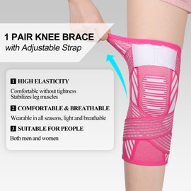 Knee Support Brace 2 Pack Compression Knee Sleeve with Straps Knee Bandage for Women Men for Sports, Running, Arthritis, Joint Pain, Ligament Injury, Meniscus Tear, ACL, MCL, Tendonitis (XL, Rose Red)