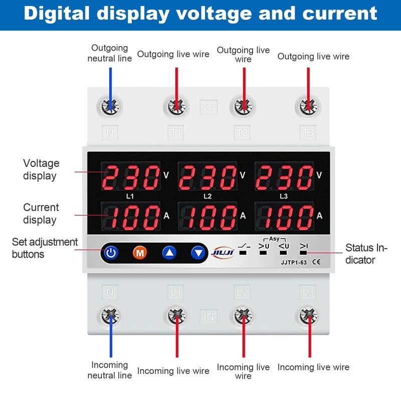 Jadeshay 3 Phase DIN Rails Voltmeter Ammeter Electricity Meter DIN