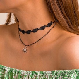 Sttiafay Black Lace Choker Necklace Short Chain Tassel Charm Necklace Layered Beads Clavicle Chain Lace Tattoo Choker Collar Jewellery for Women Teenager Girls