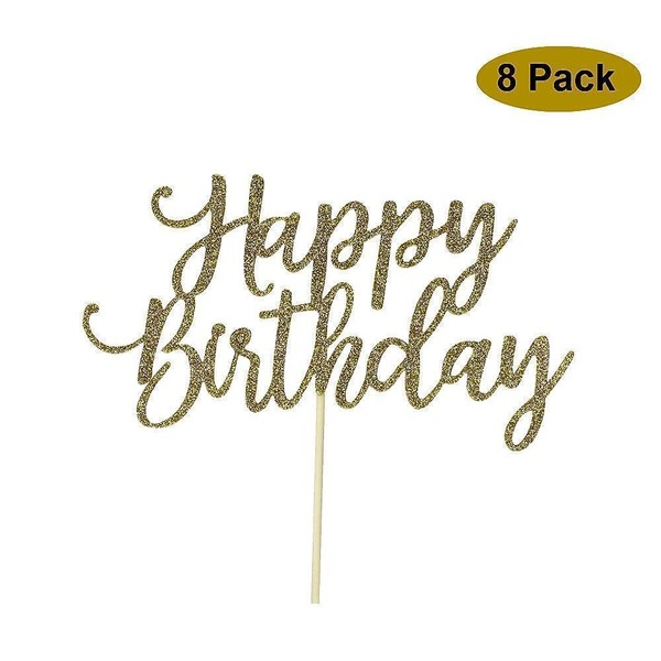 8 Pack Happy Birthday Cake Topper, 1st First Happy Birthday Cupcake Topper, Glitter Gold Decoration