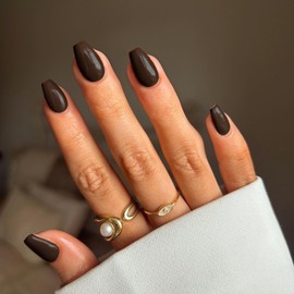 Brown Press on Nails Medium Coffin Fake Nails Press ons, KXAMELIE Full Cover False Nails Tips Medium Length Glue on Nails Natural Thick Long Acrylic Nails 24Pcs Solid Color Coffin Nails for Women