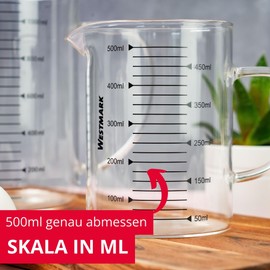 Westmark Messkanne aus Glas – Ideal zum Abmessen von Zutaten beim Backen und Kochen, mikrowellengeeignet, temperaturbeständig, egonomischer Griff – 0,5 Liter