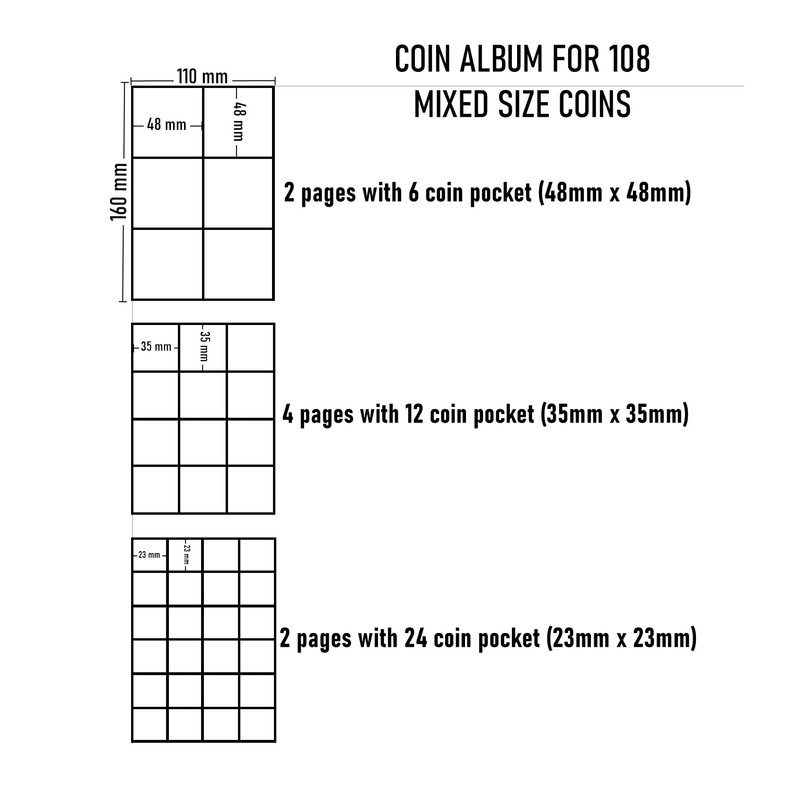 Collector Coin Album for 108 Mix Size Coins, Small, Medium,