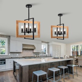 17.7 Inch Farmhouse Wood Chandelier for Dining Room, 4-Light Rustic Dining Room Light Fixtures Over Table with E12 Bases, Adjustable Hanging Light Fixture for Kitchen Island, Foyer, Entryway