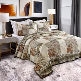 MarCielo 3 Piece Quilted Bedspread Leopard Print Quilt Quilt Set Bedding Throw Blanket Coverlet Animal Print Bedspread Ensemble Cheetah (Queen)