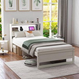 KOMFOTT Twin Size Wood Platform Bed Frame with Charging Station & LED Light, Platform Bed with Storage Headboard & 12” Under-Bed Space, No Box Spring Needed Bed Base, Wood Mattress Foundation (White)