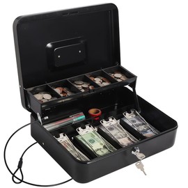 Cash Box with Money Tray and Lock, Large Money Box for Cash, 5 Compartments, 4 Spring-Loaded, Money Safe with Security Cable, Black