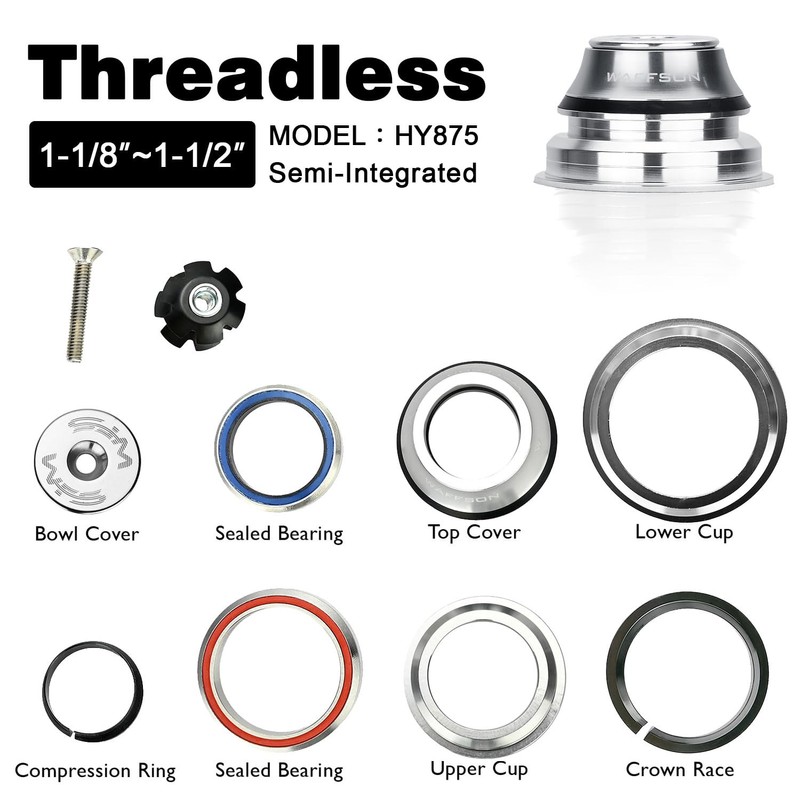WFS HY875 1-1/8"-1-1/2" Semi-Integrated Threadless Headset 15.4mm Top Cone, Silver,