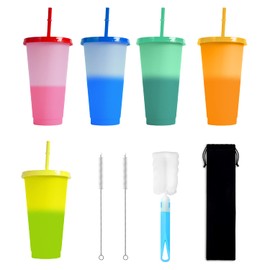 5-Piece Color Changing Cups with 3 Brushes and 1 Flannel Bag with Straw and Lid Color-Changing Cups, Reusable, Smoothie Shake Bottle, Cold Party Water Cup, Suitable for Kids and Adults