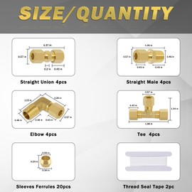 TRUSTKITS 1/4"OD x 1/4"OD Brass Compression Tube Fittings, 1/4" Compression Union Tee, 1/4"OD x 1/4"NPT Compression Fitting Straight Coupling Adapter, 90 Degree Elbow with Sleeves Ferrules 38 PCS