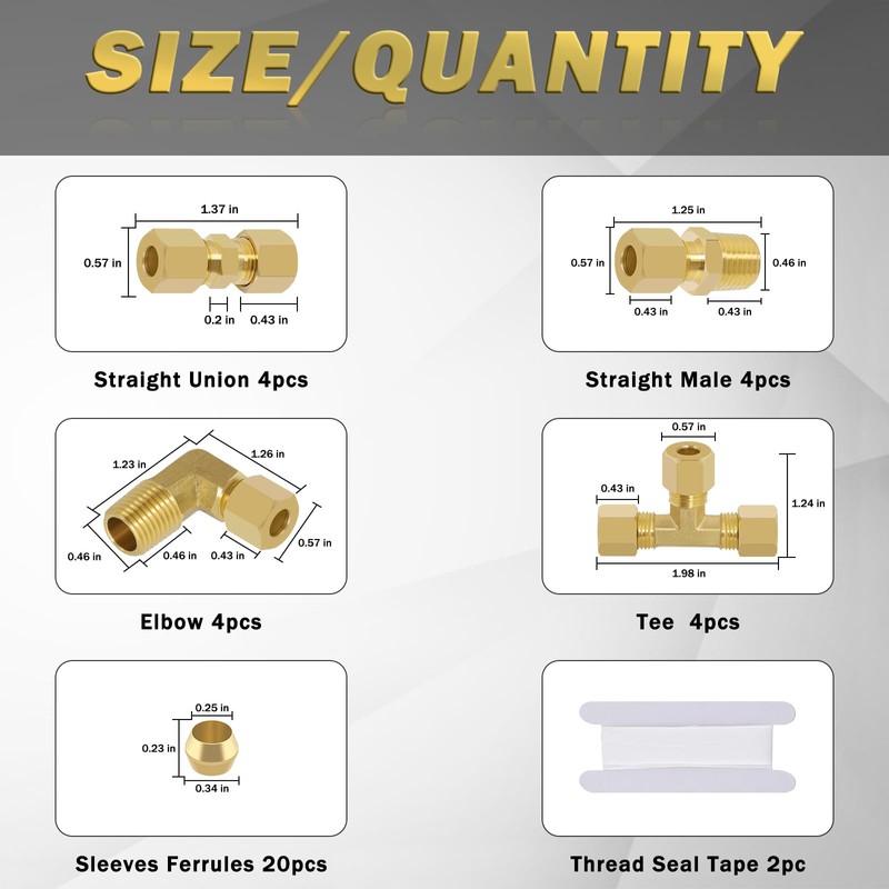 TRUSTKITS 1/4"OD x 1/4"OD Brass Compression Tube Fittings, 1/4" Compression