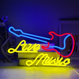YUEYYNS Guitar Neon Signs for Wall Decor, Live Music Neon Lights for Bedroom, Guitar Led Light Up Sign USB Powered Led Neon Signs For Music Bar,Live Music,Music Studio Party Decoration