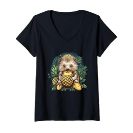 Womens Pineapple Hedgehog Wildlife Drawing Fruit Animal Lovers V-Neck T-Shirt
