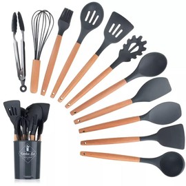 12 Pieces Of Silicone Cooking Kitchen Utensils Set, With Stand, Wooden Handle Cooking Tools, BPA Free, Non-Toxic Turner Pliers Spatula Spoon Kitchen Gadget Suit, For Non-Stick Cookware, Women's Gifts