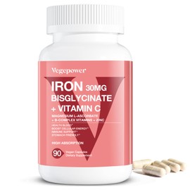 Iron Supplements for Women Men, Vegan Iron Bisglycinate 30mg Plus Vitamin C, B12, Folic Acid - Iron Pills for Anemia, Health Blood & Energy Support - Gentle, High Absorption, Non-GMO - 90 Capsules