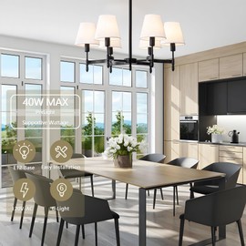 QMNHAU 27'' Black Chandelier for Dining Room, 6-Light Modern Farmhouse Pendant Light with White Fabric, Large Height Adjustable Lighting Fixture for Kitchen Living Room Bedroom Entryway Foyer